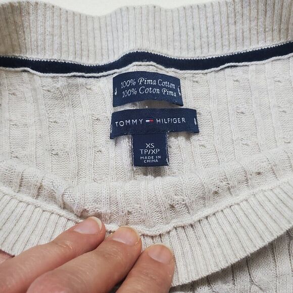 Tommy Hilfiger Women's Oatmeal Light Grey Cable Knit Pima Cotton Sweater XS - Picture 3 of 4